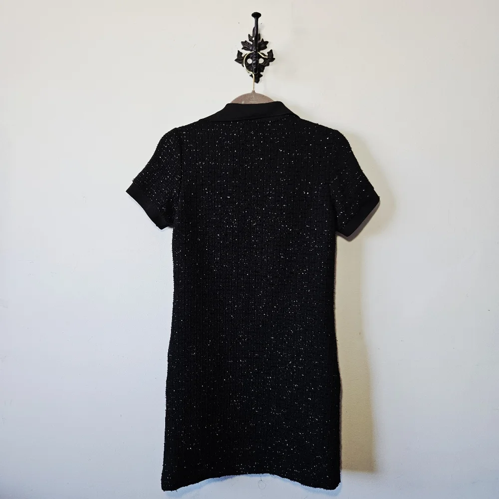 NWT La Fée Maraboutée Tweed Mini Dress Size 34 US S Black Short Sleeve Polo Neck - Picture 2 of 4